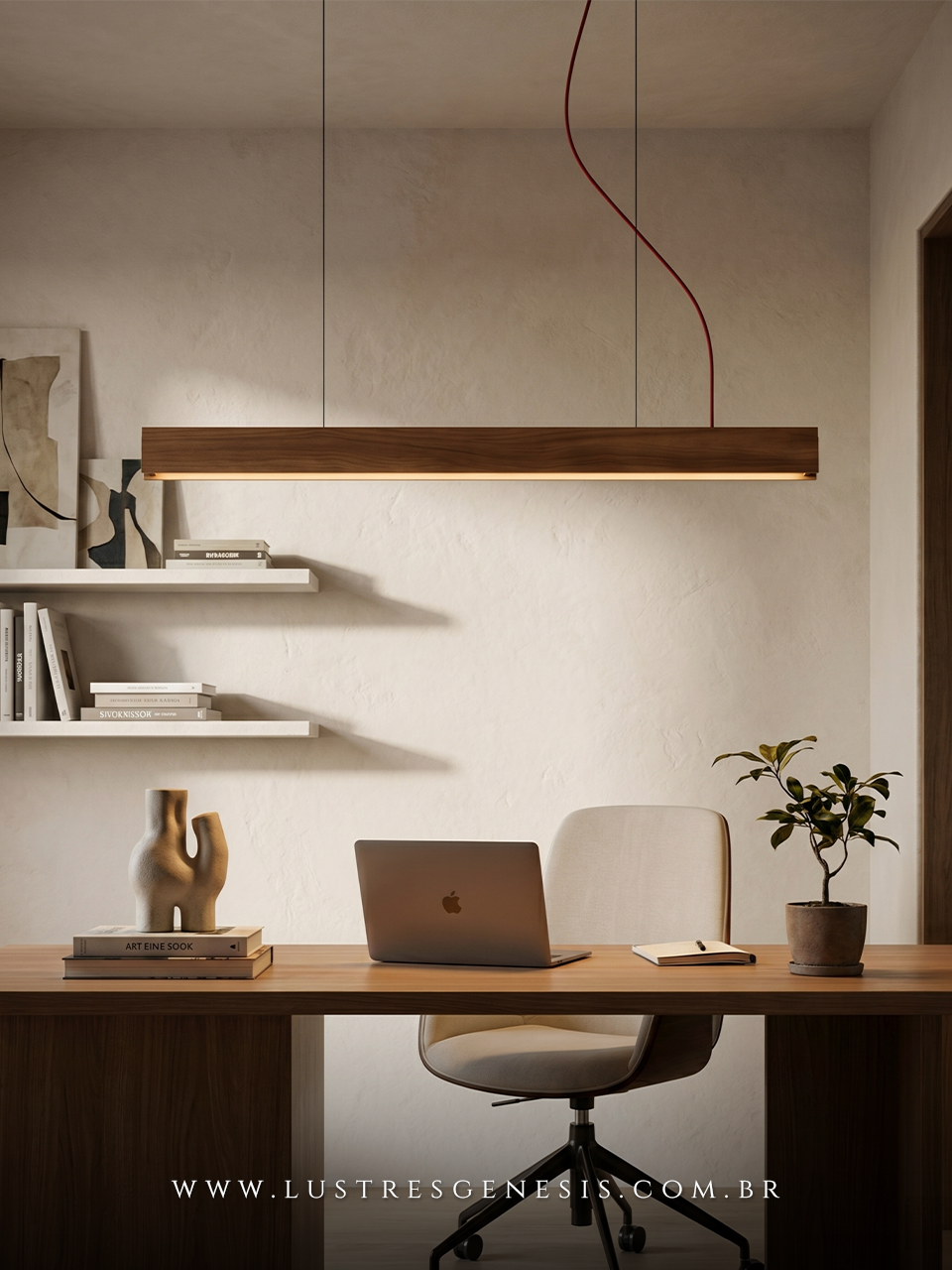 Lustre Pendente Moderno Madeira Natural LED 29W LMC425L 125cm, Sala de Jantar, Cozinha, Mesa Area Gourmet, Bancada de Cozinha
